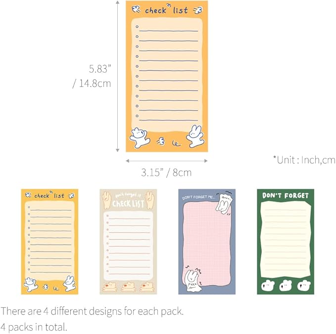 Monolike Memopad Happy and Lucky Petit Petit A SET - 4 Packs, 4 Different Designs, 80 Sheets Per Pad, Total 320 Sheets, Note pads, Writing pads, 80x148mm