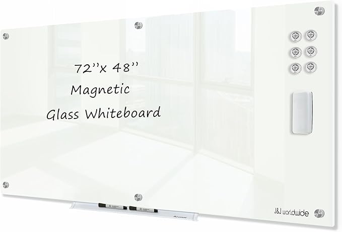 J&J worldwide Magnetic Glass Whiteboard 6' x 4', Large Frameless White Boards for Walls 72 x 48 Inches, Large Dry Erase Board for Office, Home, School
