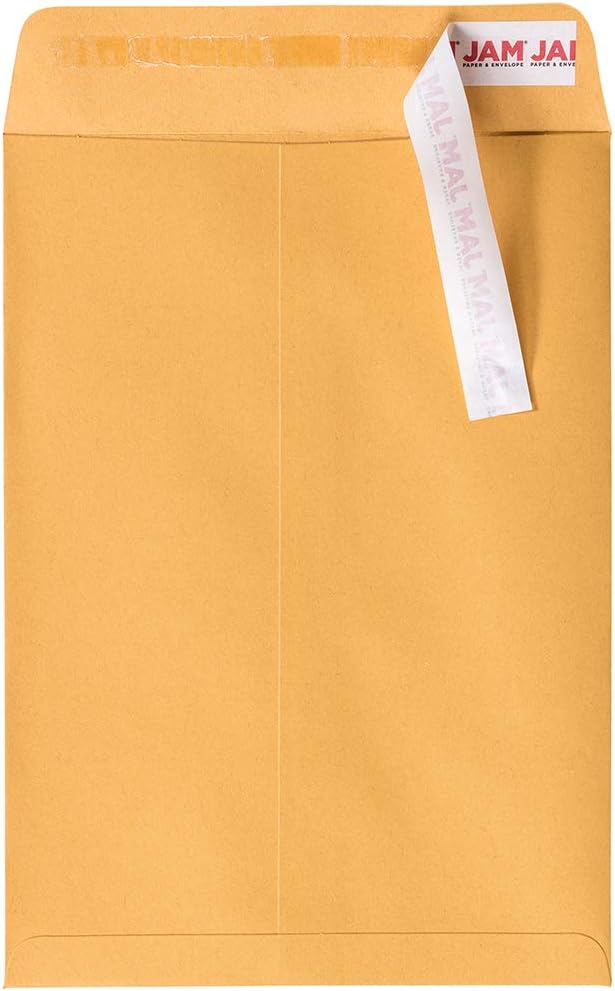 JAM PAPER 7 1/2 x 10 1/2 Open End Catalog Envelopes with Peel and Seal Closure - Brown Kraft Manila - 100/Pack