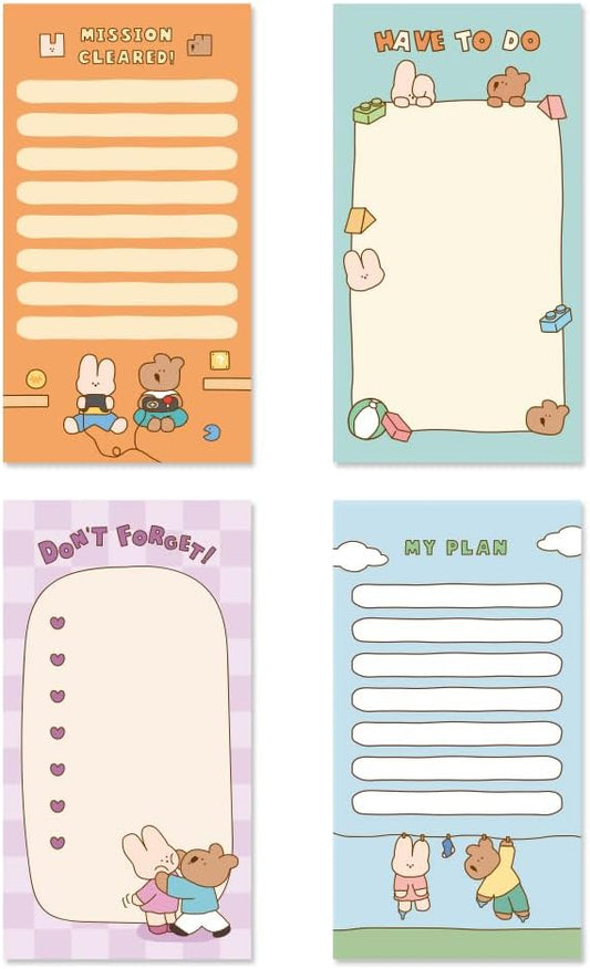 Monolike Memopad Happy and Lucky Littles Series.1 4P SET - 4 Packs, 4 Different Designs, 80 Sheets Per Pad, Total 320 Sheets, Note pads, Writing pads, 80x148mm