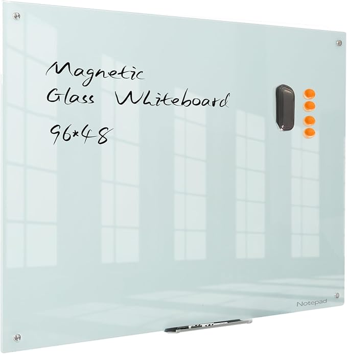 Magnetic Glass Dry Erase Board - White Board 48 x 96 Inch Wall Mounted Glass Whiteboard, Large Frameless White Board for Wall Office, Home & School,