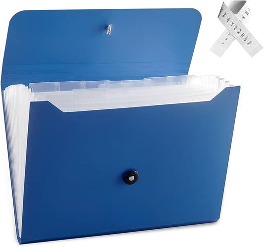 Expanding File Folder, 13 Pockets, Blue, Polypropylener,for Work, School, Home, Office