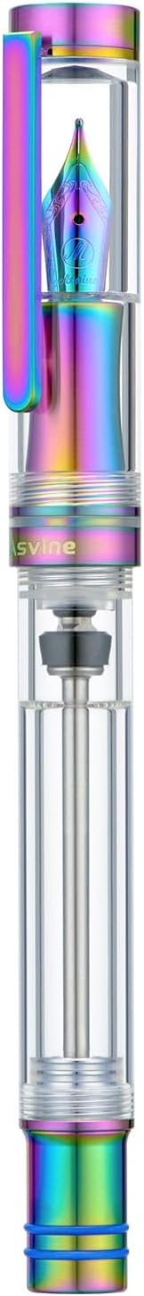 Asvine V200 Titanium Fountain Pen Vacuum Filling, Rainbow Bock Extra Fine Nib Clear Demonstrator Acrylic with Pen Case and Wrench