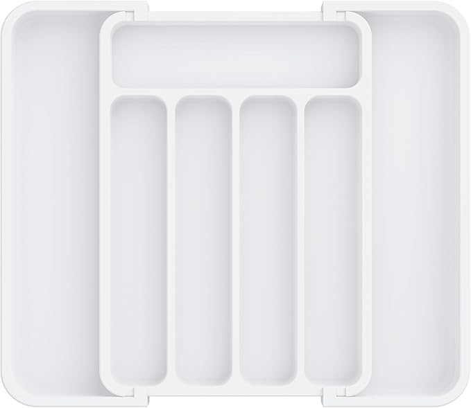 Aujen Silverware Organizer - Expandable Kitchen Drawer Organizer, Adjustable Utensil Organizer, Cutlery Tray for Forks, Knives, Multipurpose Kitchen Organizers and Storage Solution, White, Medium