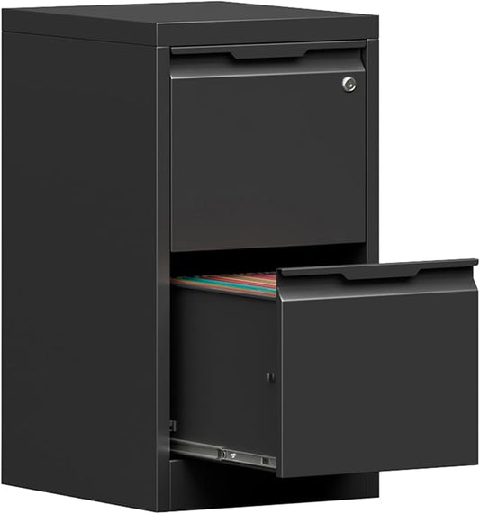 2-Drawer Metal File Cabinet with 1 Lockable Drawer,Steel Printer Stand with Storage for Home Office,Vertical Filing Cabinet for Legal/Letter/A4 Files,Assembly Required(15''W-2 Drawers,Black)