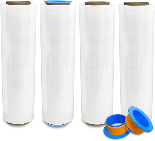 4 Rolls x 18" x 1500 FT x 80 Gauge Clear Non-Stretch Heavy Duty Plastic Stretch Wrap Shrink Film | Shipping Packaging Moving Packing Logistics | Thicker Extra Durable Film | Wrap Holder Included