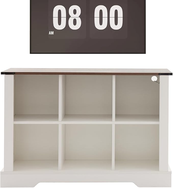 6 Cube Storage Organizer, 2 Tier Bookshelf for Living Room, Farmhouse Bookcase with Led, Kids Toy Storage Cabinet, Wall Cubby Shelves for Home Decor, Wood Display Cabinet for Bedroom, White