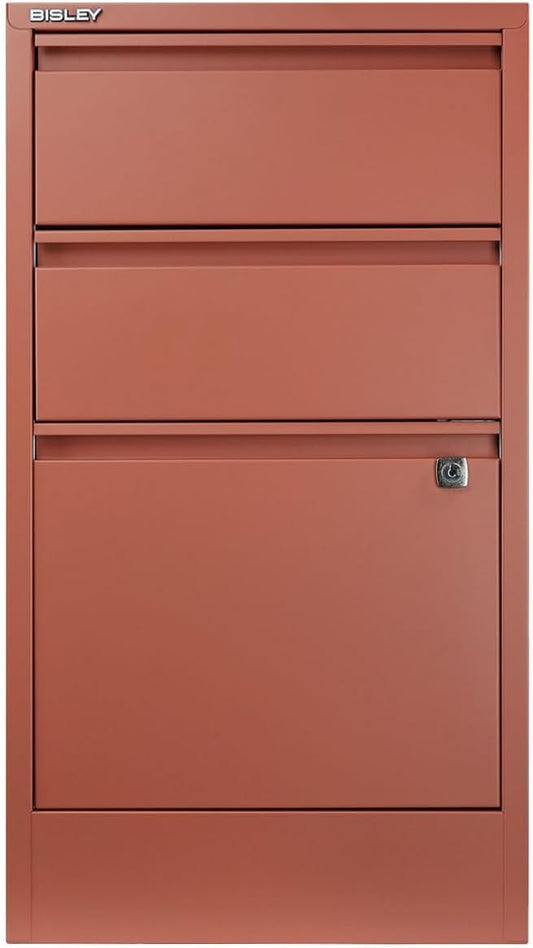 Bisley 3-Drawer Flush Front Vertical File Cabinet - Coral, 2 Utility Drawers + 1 Hanging File Drawer, Powder-Coated Steel, Locking Bottom Drawer