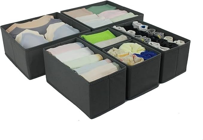 Amazon Basics Cloth Drawer Storage Organizer Boxes for Socks, Underwear and Baby Items, Set of 6, Gray