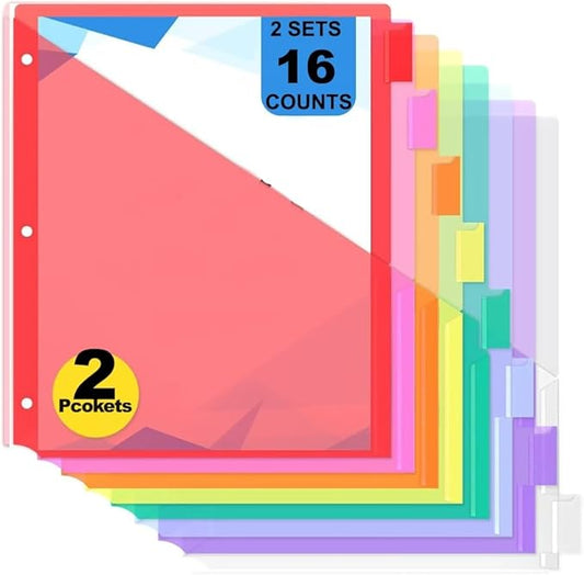 8 Count Dividers with Two Pockets - Binder Dividers for 3 Ring Binder Organizer,Binder Folders for US Letter Size for Study,Office and Home Organization(Red,2sets)