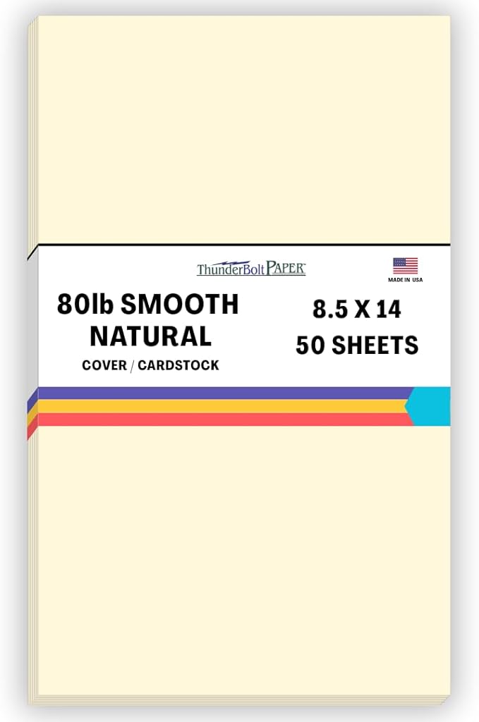 50 Natural Smooth Card Stock Sheets Paper - 8.5 X 14 Inches Legal|Menu Size - 80# (80 lb/Pound) Cover Weight - Quality Paper - Smooth Finish