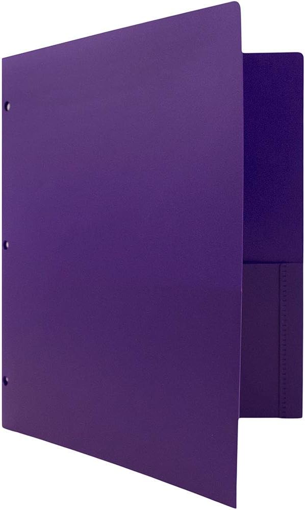 JAM PAPER Heavy Duty Plastic 3 Hole Punch Pocket Folders - Extra Tough School Folders - Purple - 6/Pack