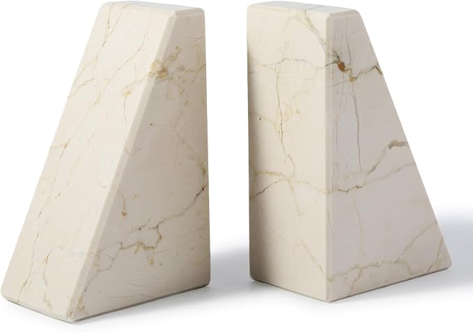 Koville Marble Bookends for Shelves, Large Bookends for Heavy Books, Non-Slip Heavy Duty Book Stopper for CD/Movies, Aesthetic Decorative Bookends for Shelves Table Home Decor(Beige)