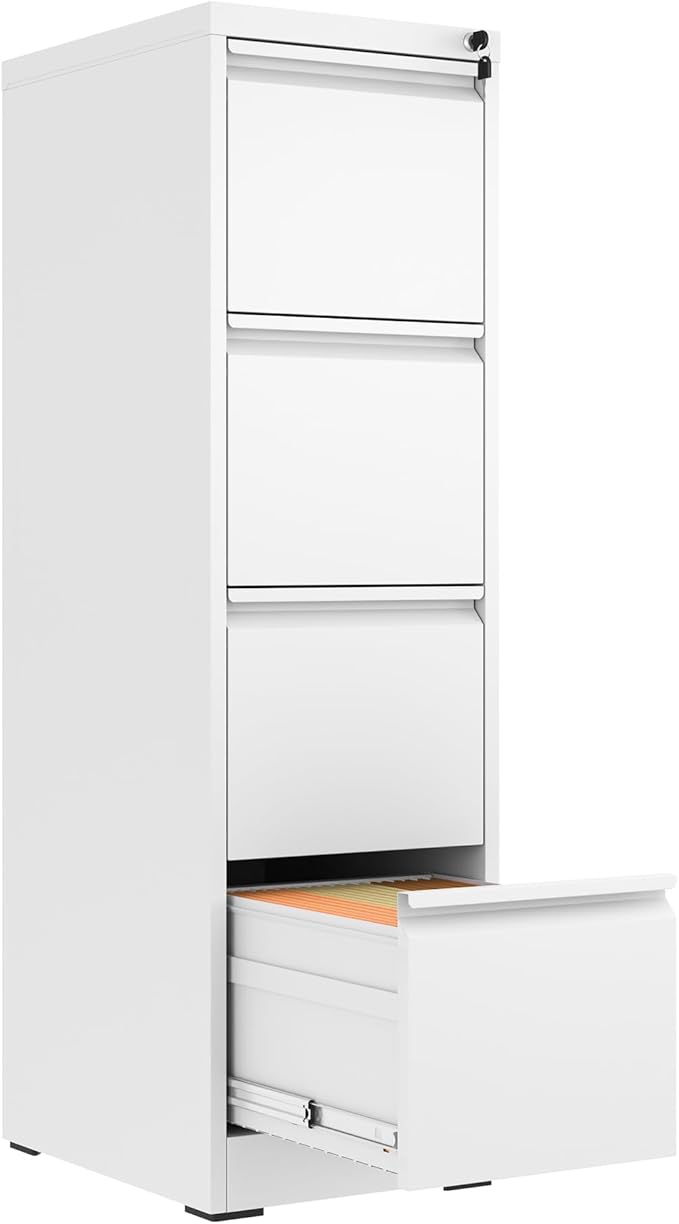 4 Drawer File Cabinet with Lock,Metal Vertical Filing Cabinets for Home Office,Heavy Duty File Storage Cabinet for Letter/Legal/A4/F4 Size File,Assembly Require (White, Vertical 4 Drawer)