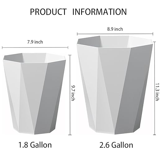 Trash Can Plastic Waste Basket 2.6 Gallon Garbage Can for Bathroom Office Bedroom Kitchen, 2 Pack White