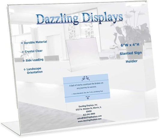 Dazzling Displays Clear Acrylic Sign Holder 6 x 4 - Clear Slanted Sign Holder - Premium Acrylic Sign Holder for Office, Retail, Tradeshow and Home Use (50 Pack)