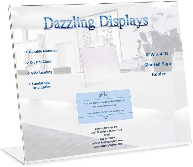 Dazzling Displays Clear Acrylic Sign Holder 6 x 4 - Clear Slanted Sign Holder - Premium Acrylic Sign Holder for Office, Retail, Tradeshow and Home Use (10 Pack)