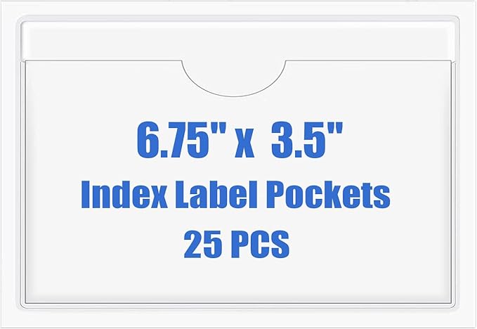 Origin-Joy 25 PCS Self-Adhesive Index Label Pockets, Clear Plastic Peel & Stick Card Holders with Top Open for Loading (6.75 x 3.5 inch)
