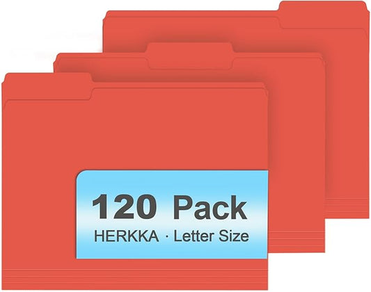 File Folder, HERKKA 120 Pack 1/3 Cut Tab File Folders, File Folders Great for Organizing and Filing, Letter Size, Red