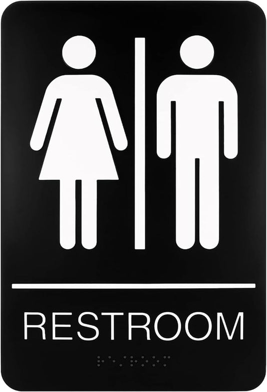 Self-Adhesive Business Restroom Sign, ADA Compliant Braille Unisex Bathroom Sign, Size: 9" X 6" (Unisex)