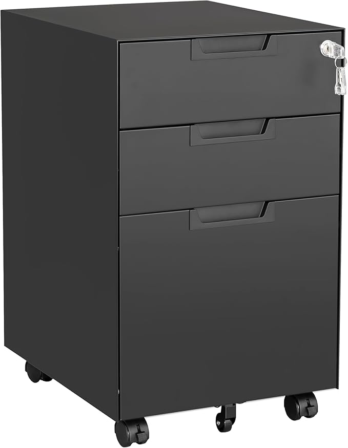 Letaya 3 Drawer Mobile File Cabinet with Lock,Under Desk Metal Small Filing Cabinets for Home Office Organizer Letters/Legal/A4(Fully Assembled Except Wheels-Black)