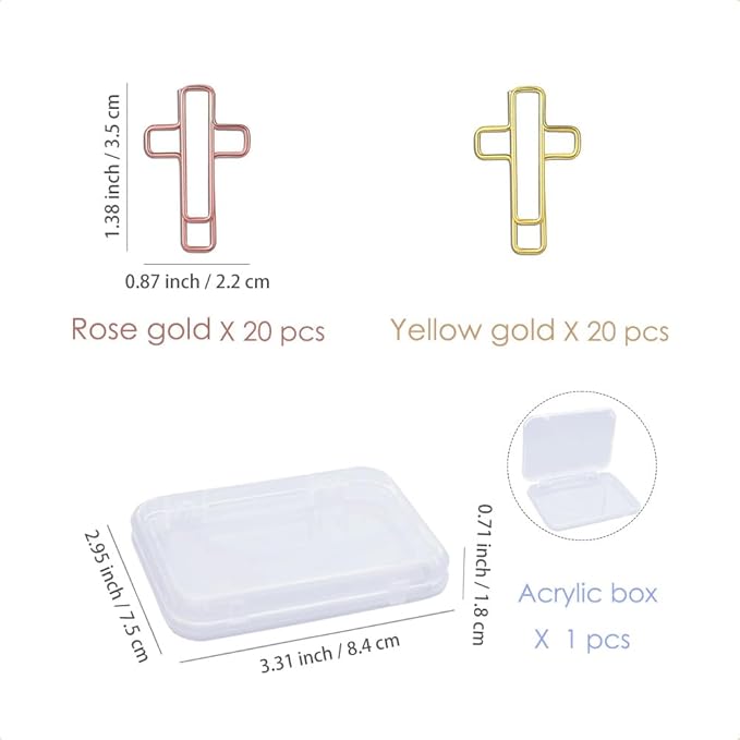 OWLFAVO 40pcs Cross Shape Paper Clips with Clear Box, Rose Gold, Funny Cute Paperclips Bookmarks Planner Clips for Fun Office Supplies School Gifts Wedding Decoration