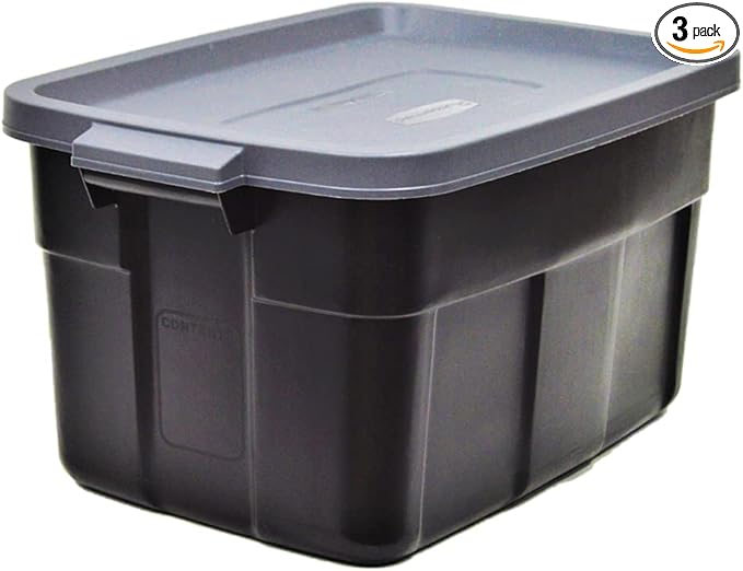 Rubbermaid Garage Storage Bins Black Plastic Stackable Storage with 3-Pack 31 GAL Capacity, Totes for Storage Home Organization Durable - Heavy Duty (31 GAL - 3 Pack Solid Black and Grey)