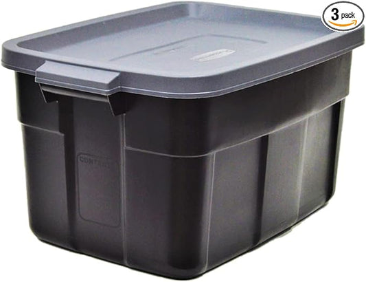 Rubbermaid Garage Storage Bins Black Plastic Stackable Storage with 3-Pack 31 GAL Capacity, Totes for Storage Home Organization Durable - Heavy Duty (31 GAL - 3 Pack Solid Black and Grey)