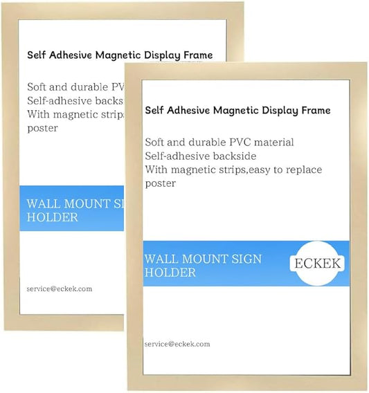 Wall Mount Sign Holder Self Adhesive Magnetic Display Frame Clear Document Frame for Office, Store, School, Home, Wall Picture Frame 2Pack (Gold A5 148×210mm/5.83×8.27inches)