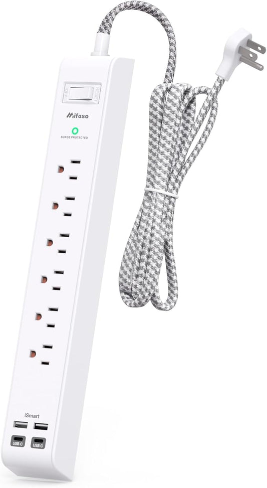 Surge Protector Power Strip - 6 Outlets 4 USB Charging Ports, 5Ft Braided Extension Cord, Flat Plug, Overload Protection, Wall Mount for Home Office, Dorm Room Essentials