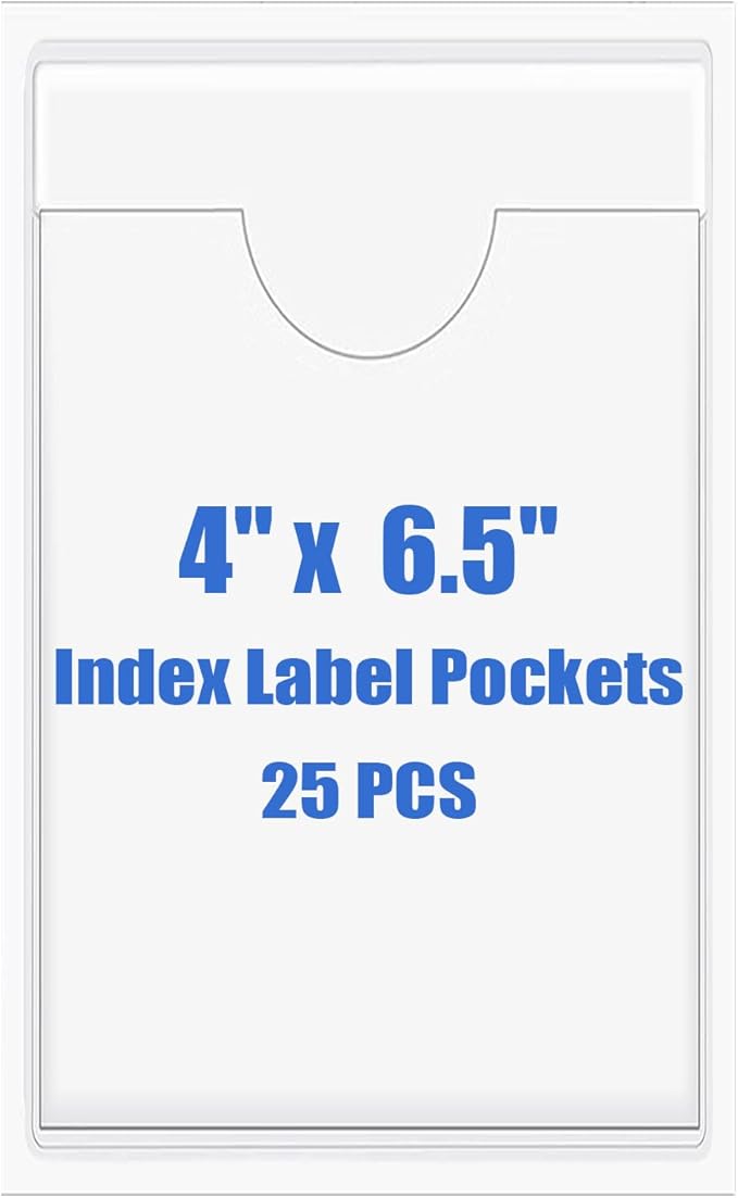 Origin-Joy 25 PCS Self-Adhesive Index Label Pockets, Clear Plastic Peel & Stick Card Holders with Top Open for Loading (4 x 6.5 inch)