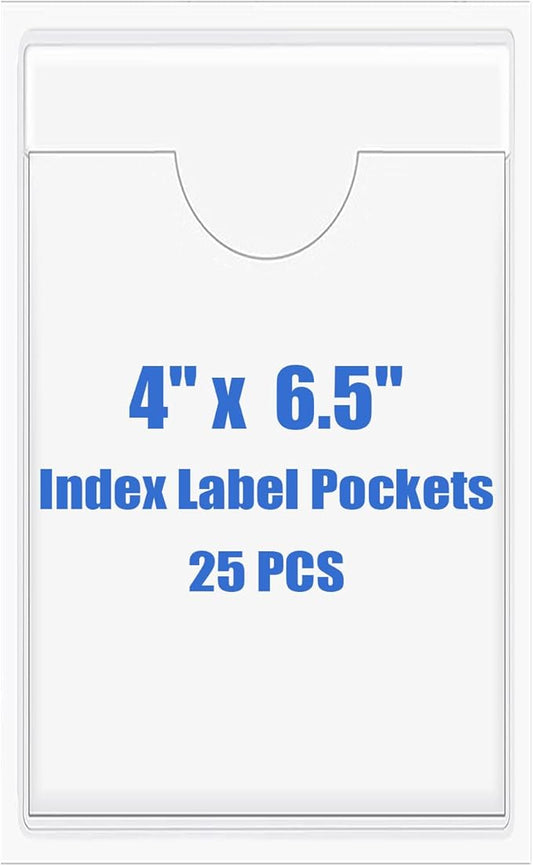Origin-Joy 25 PCS Self-Adhesive Index Label Pockets, Clear Plastic Peel & Stick Card Holders with Top Open for Loading (4 x 6.5 inch)