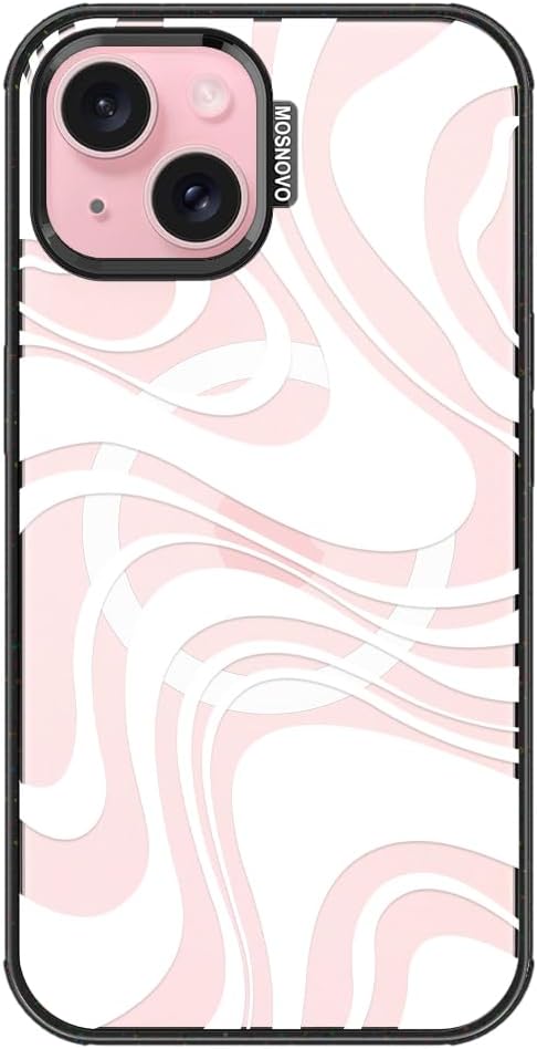 MOSNOVO Magnetic Case for iPhone 15 Plus, 10ft Military-Grade Protection, Compatible with Magsafe, Shockproof Phone Case for iPhone 15 Plus / 14 Plus - White Swirl - Clear Black