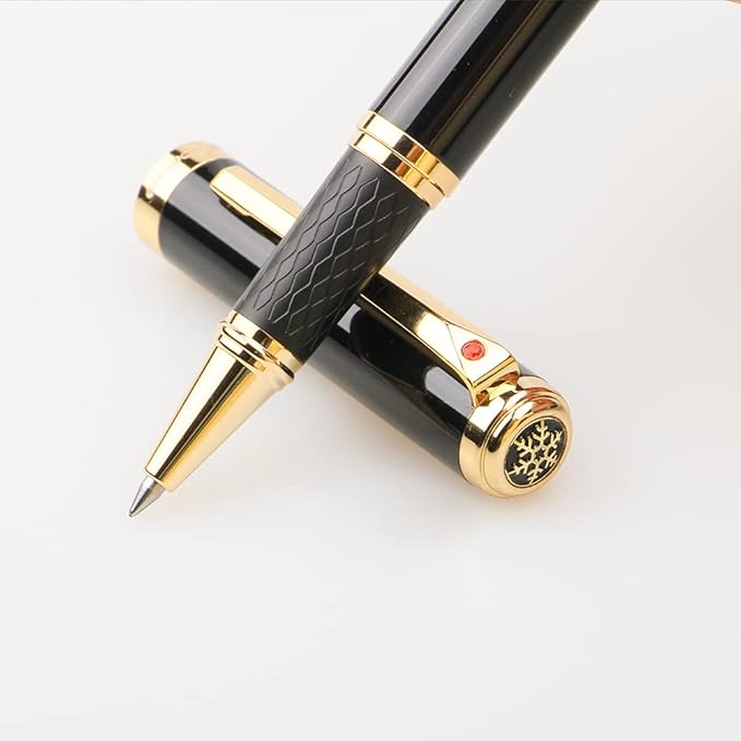 Stunning Luxury Rollerball Pen with 24K Gold Trim,Switzerland Tip with Black Ink Refills, Perfect BallPonit Pen Gift Set for Men Women, Fancy Writing Set for Business,Gloss Black