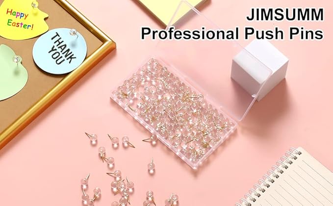 150 Pcs Push Pins, Standard & Transparent Plastic Head Steel Point Thumb Tacks for Wall, Office & Craft Organization (Gold)
