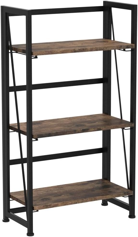 4NM No Assembly Folding Bookshelf Storage Shelves 3 Tiers Vintage Bookcase Standing Racks Study Organizer Home Office (Rustic Brown Black)