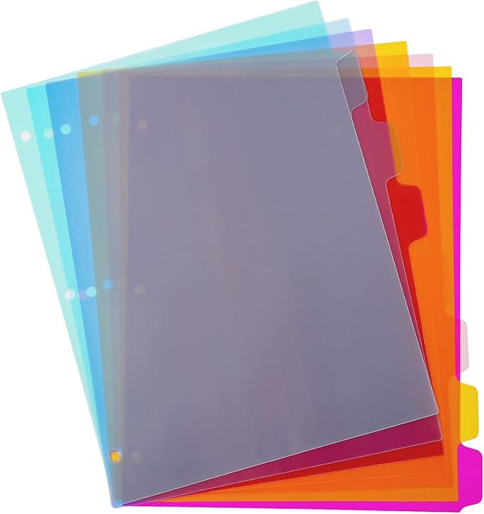 Seashell 3 Ring Binder Dividers with 8 Tabs, 3 Sets Plastic Binder Dividers for Notebooks and 3 Ring Binders, Letter Size, Durable, Assorted Colors