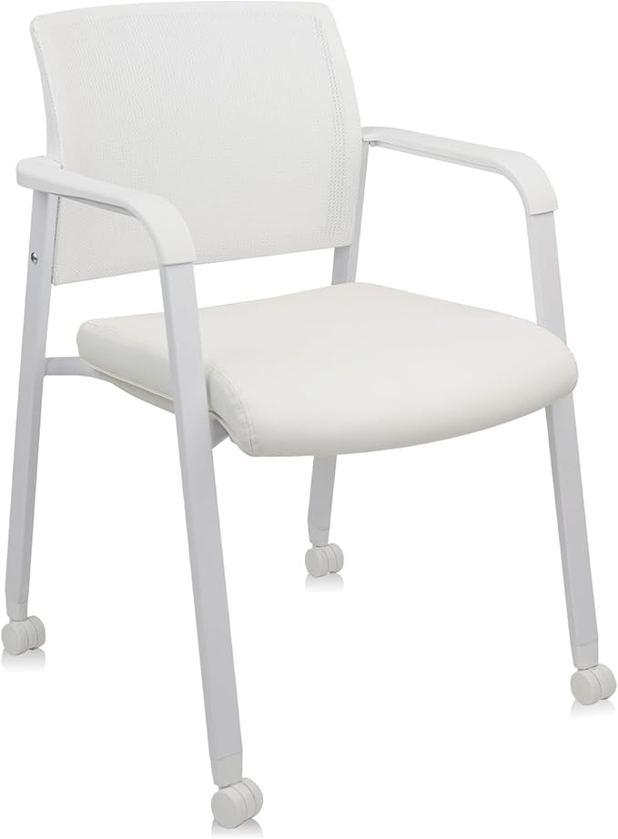 CLATINA Stacking Office Chairs with Wheels | Mesh Back, Thicken Leather Seat and Streamline Armrests, Ergonomic Lumber Support | School, Desk, Guest Reception, Waiting, Conference, White