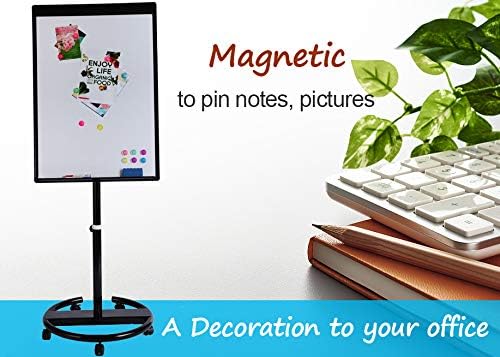 40 X 28 Inch Mobile Magnetic Whiteboard, Height Adjustable Dry Erase Board Easel on Rolling Stand with Flipchart Easel Pad, Magnets & Eraser, Black