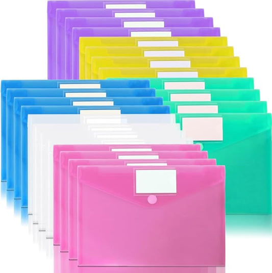 24 Pack Plastic Poly Filing Envelopes, Clear Document Folders US Letter A4 Size File Envelopes with Label Pocket & Paste Button for School Home Work Office Organization, 6 Assorted Color