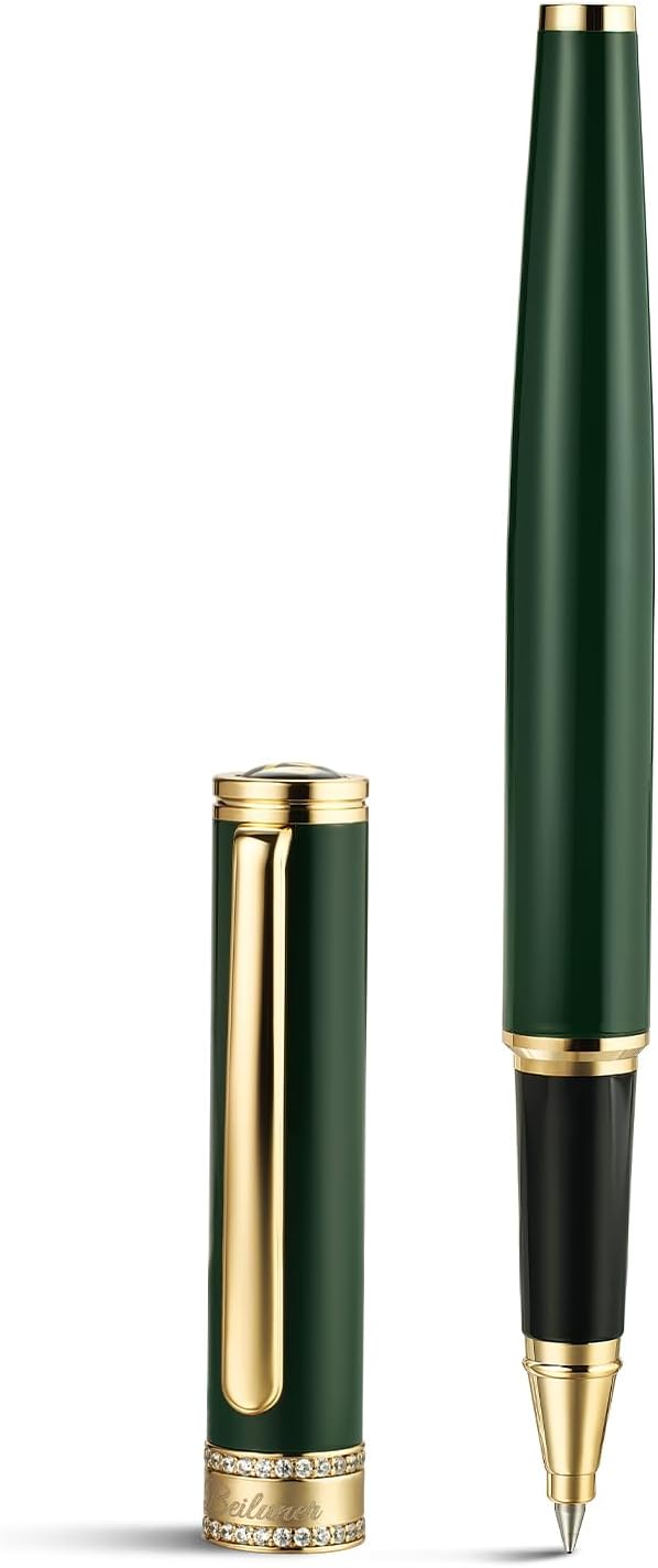 BEILUNER Green Lacquer Rollerball Pen, Diamond-Studded Cap Design, 24K Gold Trim, Noble and Elegant, Schneider Ink Refill, Best Pen Gift Set for Women & Men, Professional, Business Office, Nice Pens