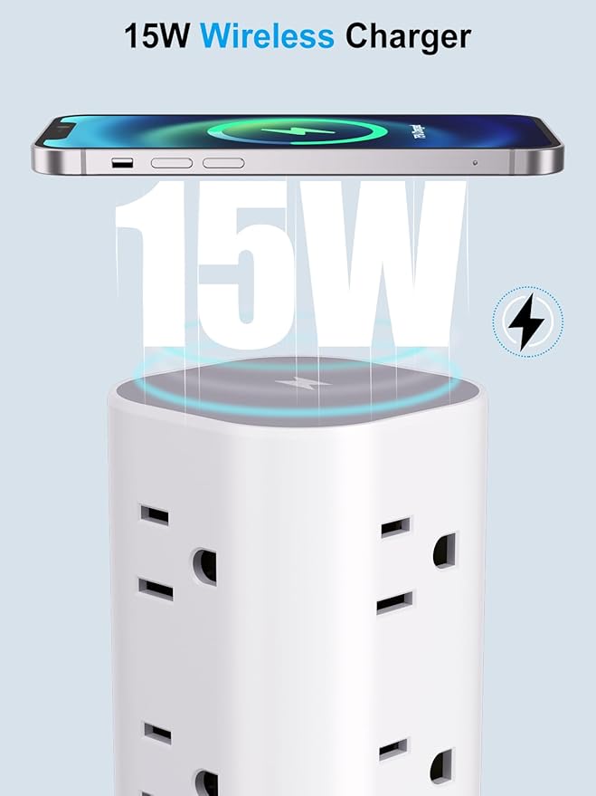 Power Strip Tower with Wireless Charger, Flat Plug Surge Protector Tower with 6FT Extension Cord, 12 AC Multiple Outlets, 4 USB (2 USB C),15W Wireless Charging Power Tower for Home Office Dorm, White