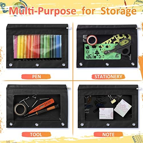 Marspark 48 PCS Pouch Bag for 3 Ring Binder - Bulk Zipper Pencil Binder Pouches with Clear Window for School Office Utensils Storage Supplies(Black)