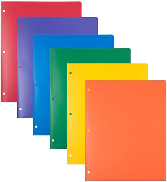 JAM PAPER Heavy Duty Plastic 3 Hole Punch Pocket Folders - Extra Tough School Folders - Assorted Primary Colors - 6/Pack