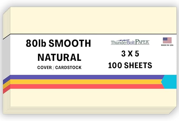 100 Natural Smooth Card Stock Sheets Paper - 3 X 5 Inches Index|Recipe Card|Photo|Frame Size - 80# (80 lb/pound) Cover Weight - Quality Paper - Smooth Finish