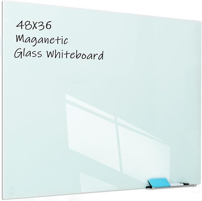 Glass Magnetic Dry-Erase Board - 48 x 36 Inches Hanging Glass Whiteboard for Wall, Large Frameless Magnetic White Board for Office, Home & School