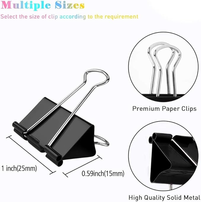 Small Binder Clips, 144 Pack, 1 Inch, Black, Standard 25mm, Metal Paper Clips, Fold Clamp, Office Clips, Capacity 0.47 Inch, Office and School Supplies