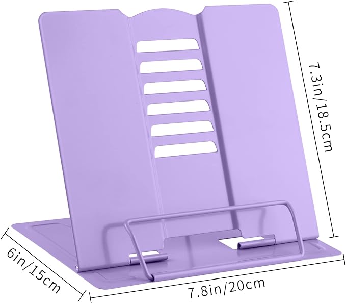 MSDADA Book Stand Metal Reading Rest Book Holder Adjustable Cookbook Documents Holder Portable Sturdy Bookstands for Recipes Textbooks with Page Clips Birthday Gifts for Girls Mom Students(Purple)