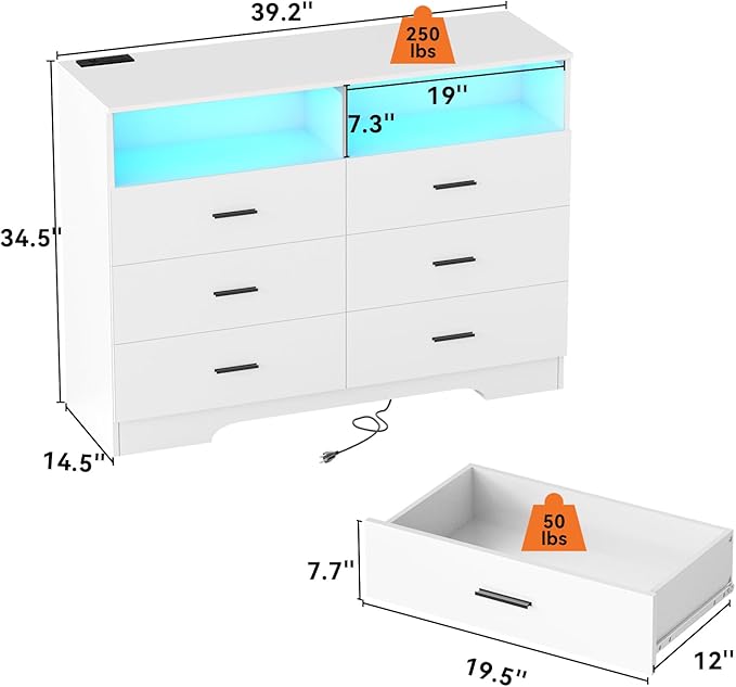 Dresser with Power Outlets and LED Lights Wooden 6 Drawer Dresser with Large Organizer Tall White Drawer for Bedroom Modern Chest of Drawers Closet for Living Room Kids Room