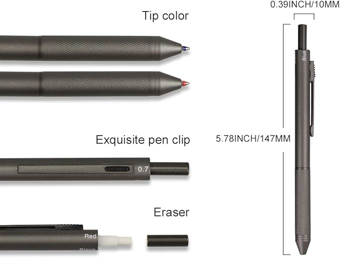 smttw 4 in1 Multi-Function Refillable & Retractable Ballpoint Pen + 0.7mm Mechanical Pencil, Fine Point, Grey Metal Barrel, With Black/Red/Blue Inks Color Code, Multicolor Pen With Metal Gift Box